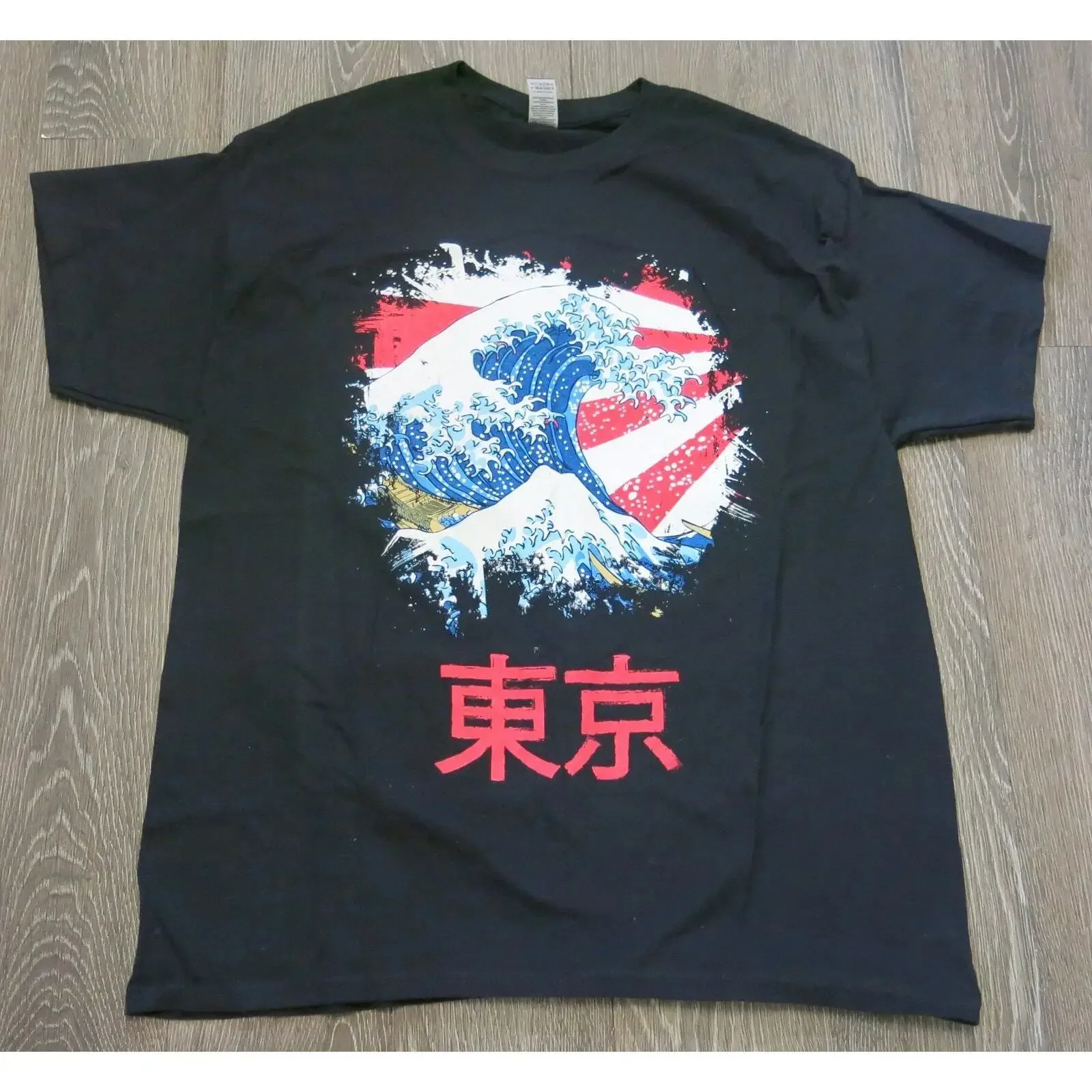 GREAT WAVE OFF KANAGAWA T-Shirt Größe XL Tokyo Japan Kunstdruck Anime Schwarz Lässiger Vintage-Stil Gewaschene Streetwear Dehnbar