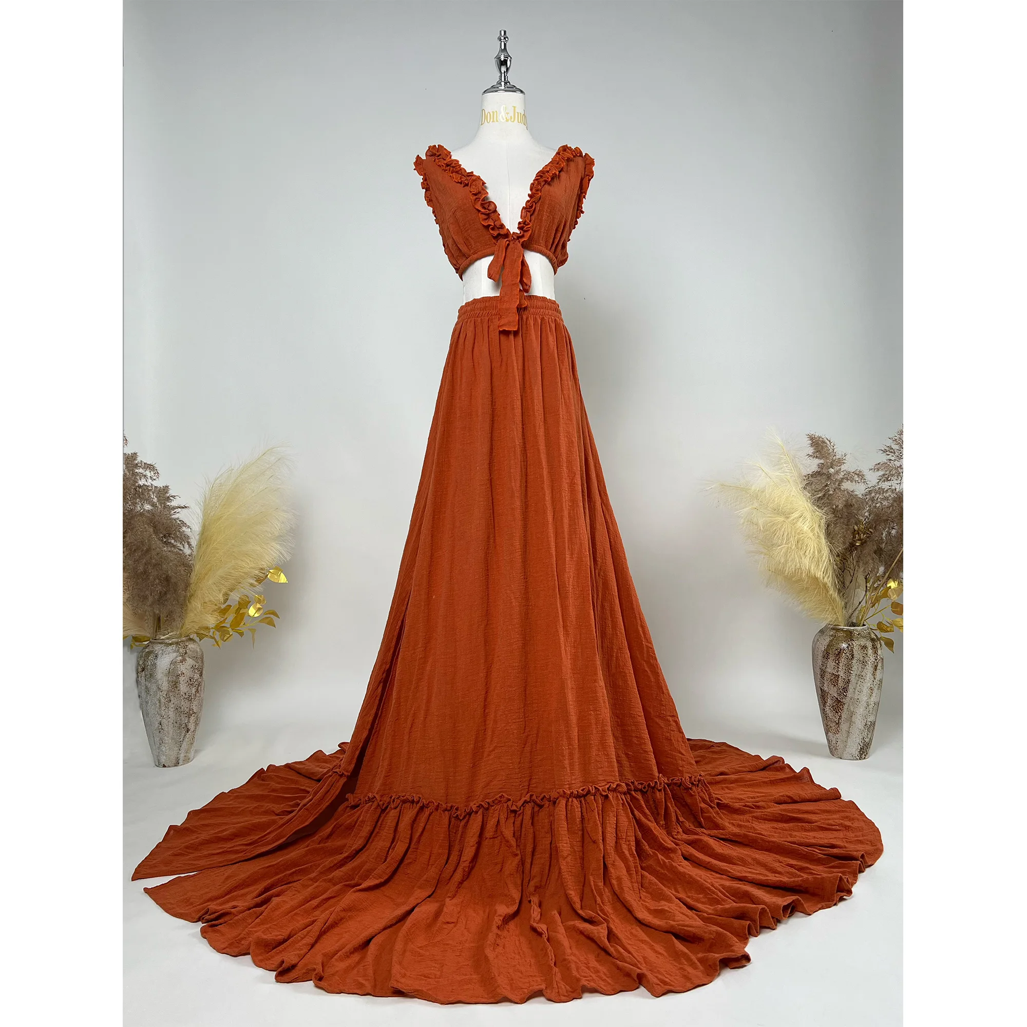 

Don&Judy Terracotta Bohemian Two Pieces Gown Ruffles V-neck Side Split Party Wedding Gown Maternity Photo Shooting Studio Dress