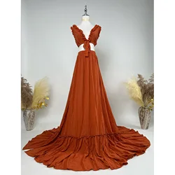 Don&Judy Terracotta Bohemian Two Pieces Gown Ruffles V-neck Side Split Party Wedding Gown Maternity Photo Shooting Studio Dress