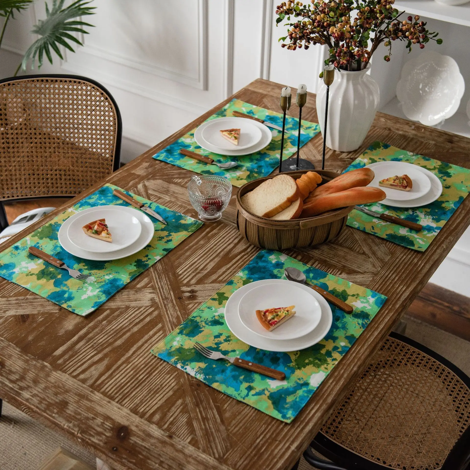 

Tie-dye Green Camouflage Printed Placemat Holiday Desktop Coaster Fabric Cotton Linen Western Placemat Double-layer Placemat