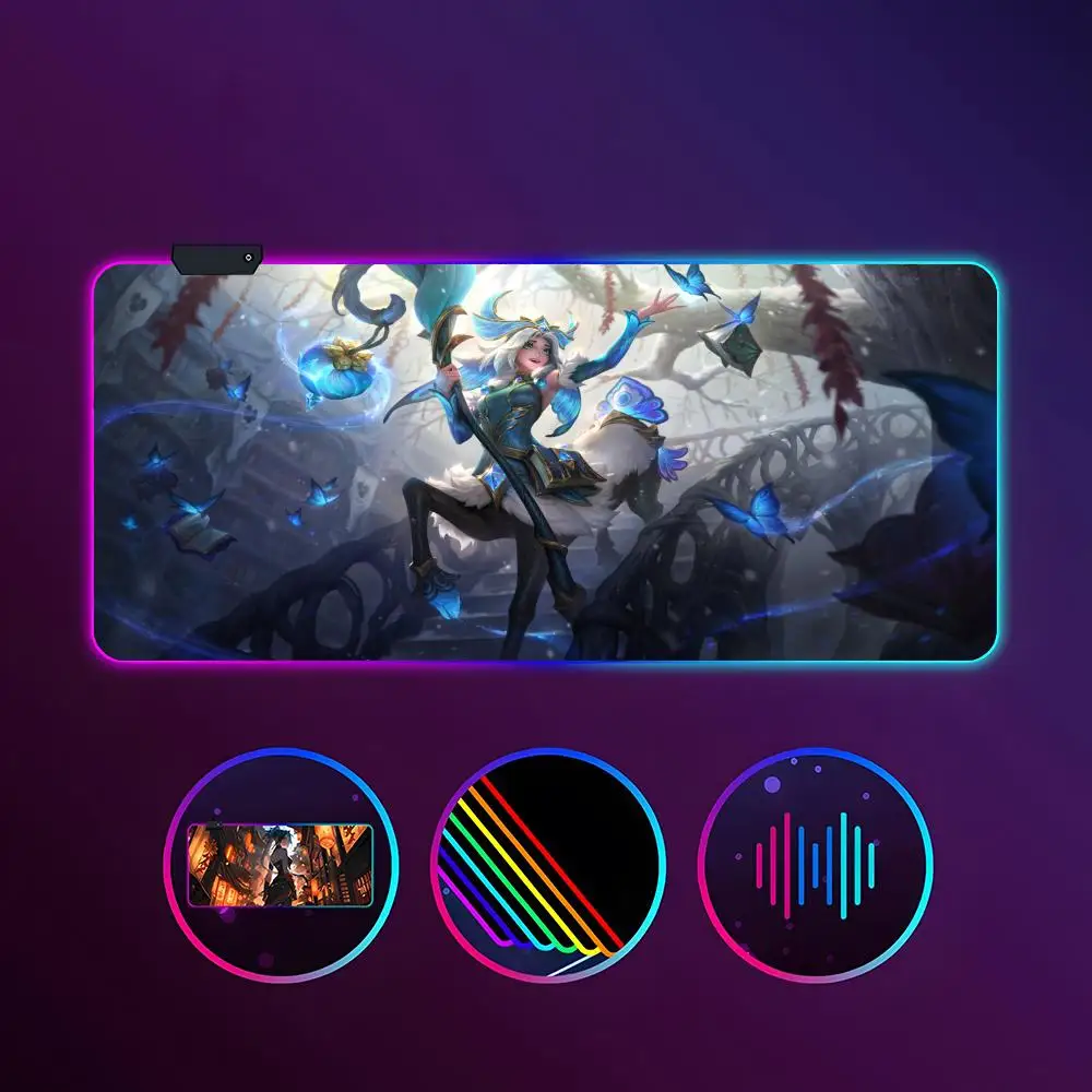 Alas Mouse Game League of Legends Lillia, RGB bercahaya 900X400mm, alas meja besar non-slip ekstra besar alas mouse kantor