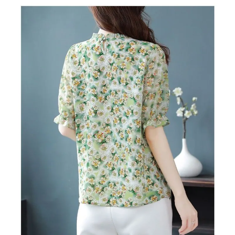 Camiseta de manga corta con cuello redondo para mujer, jersey de gasa con estampado de flores, camiseta colorida que combina con todo, Tops de moda de verano