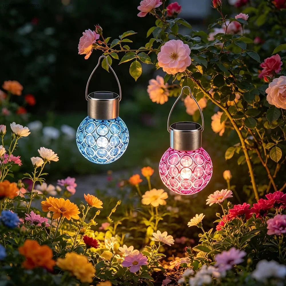 Camping Waterproof Solar Lights Motion Sensor Round Ball Hanging Light Crystal Ball Multicolor LED Lights Lawn Decoration