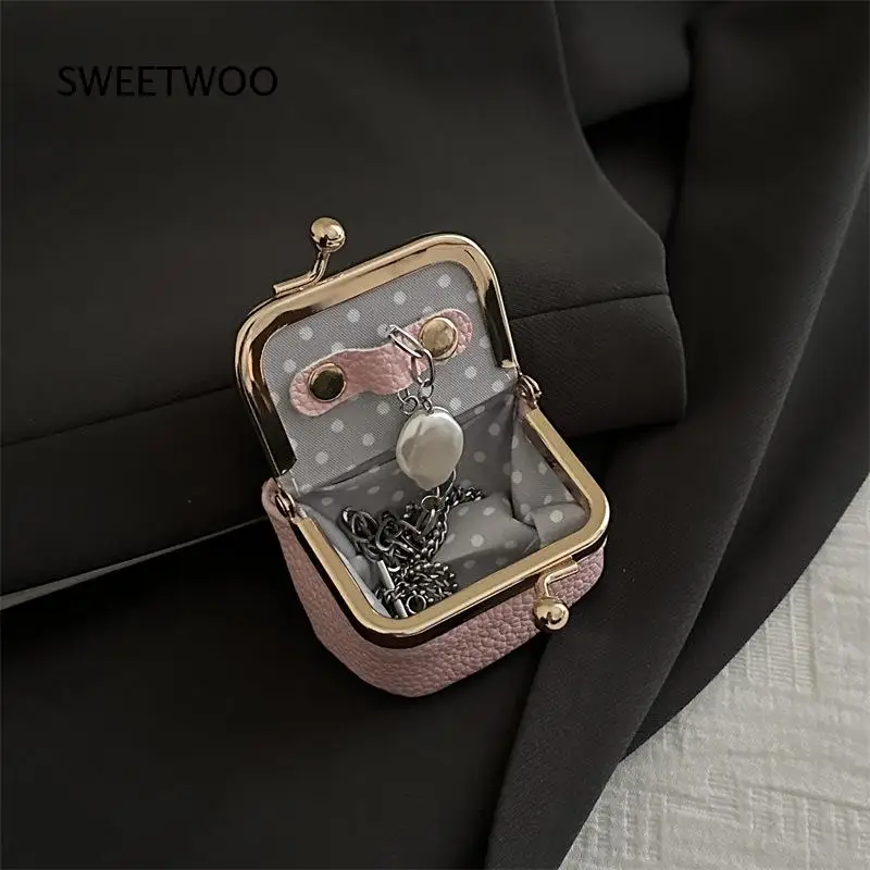 Portable Small Kiss Lock Storage Pouch Women Vintage Pebbled Faux Leather Mini Coin Earphone Key Wallet Purse