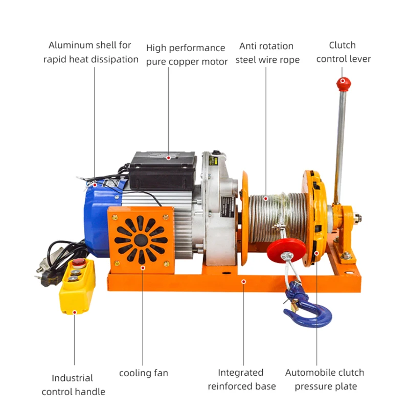 300kg 500kg 220v Single Phase 25 Meters Electric Hoist With Clutch New Wire Rope Steel For Home Use & Hotels