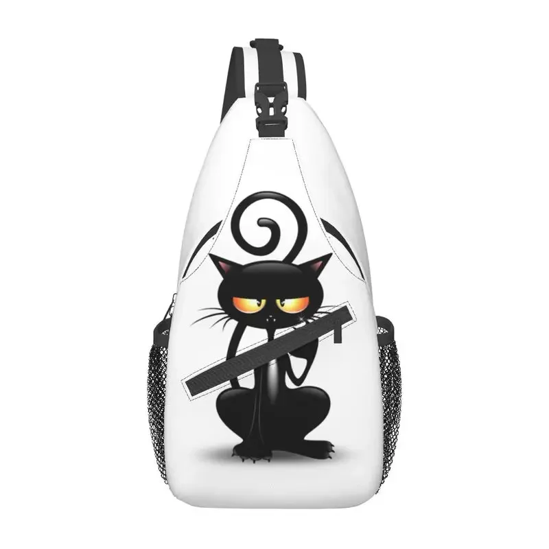 Sac à bandoulière de dessin animé personnalisé pour hommes, sac à dos de poitrine drôle, sac à bandoulière cool initié, sac à dos de cyclisme, sac à dos de camping, chat noir