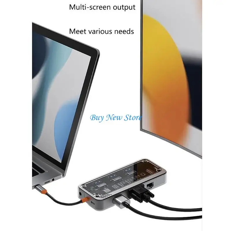 

20CE Transparent Type-C Docking Station Hub 10 in 1 USB Port to HDMI+VGA+USB3.0