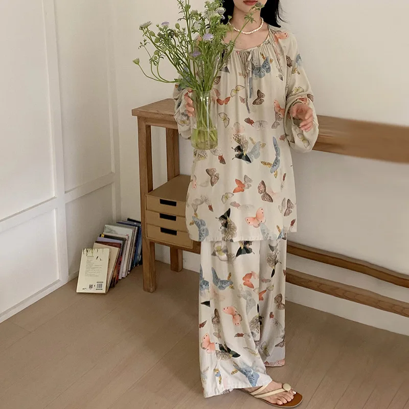 Plus Size 90KG Ladies Pajamas Set 2pcs Viscose Printed Women Comfort Loose Homewear Pyjamas Femme Sleepwear With Hair Rope