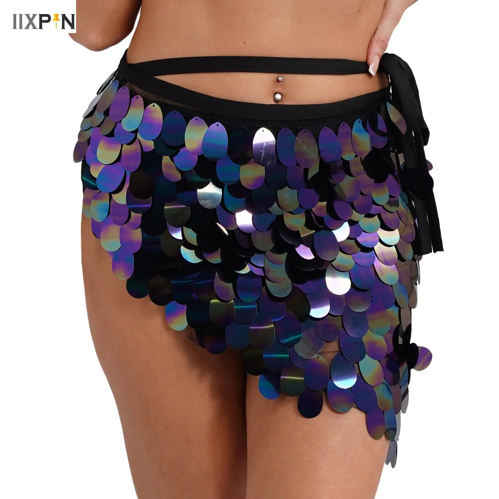 

Women Hip Skirt Belly Dance Clothing Accessories Lace-up Shiny Sequin Mesh Triangle Hip Scarf Belts Miniskirt for Tango Party