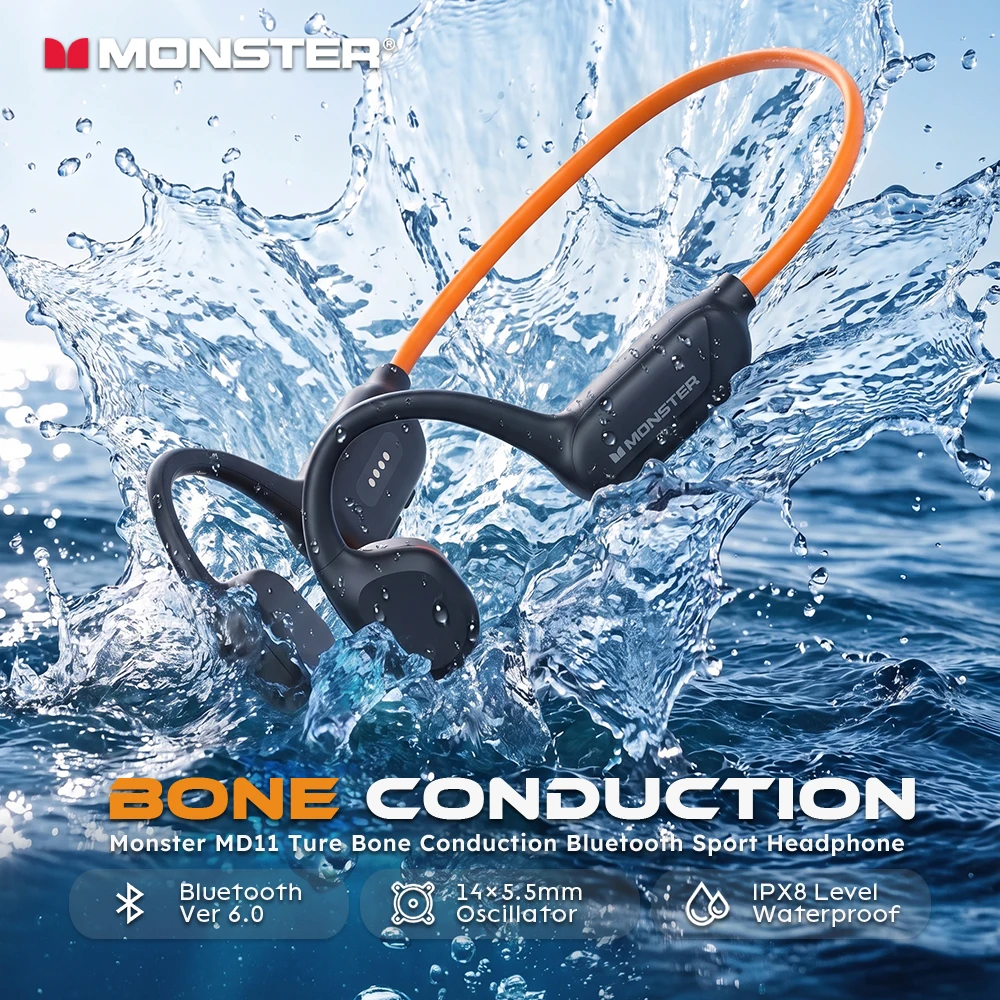 Słuchawki Monster AirStar MD11 True Bone Conduction, otwarte, Bluetooth 6.0, sportowe, z zaczepem na ucho, wodoodporne IPX8, bezprzewodowe.