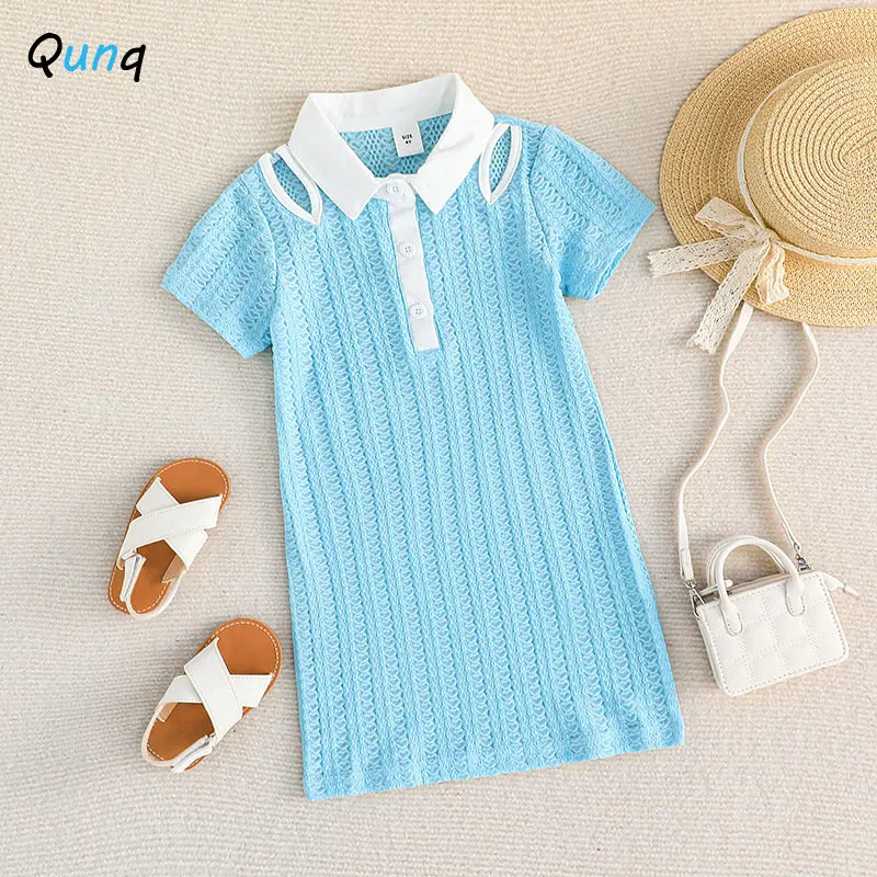 

Qunq 2023 Summer New Girls Solid Turn-Down Collar Hollow Out Short Sleeve Straight Barrel Dress Casual Kids Clothes Age 3T-8T