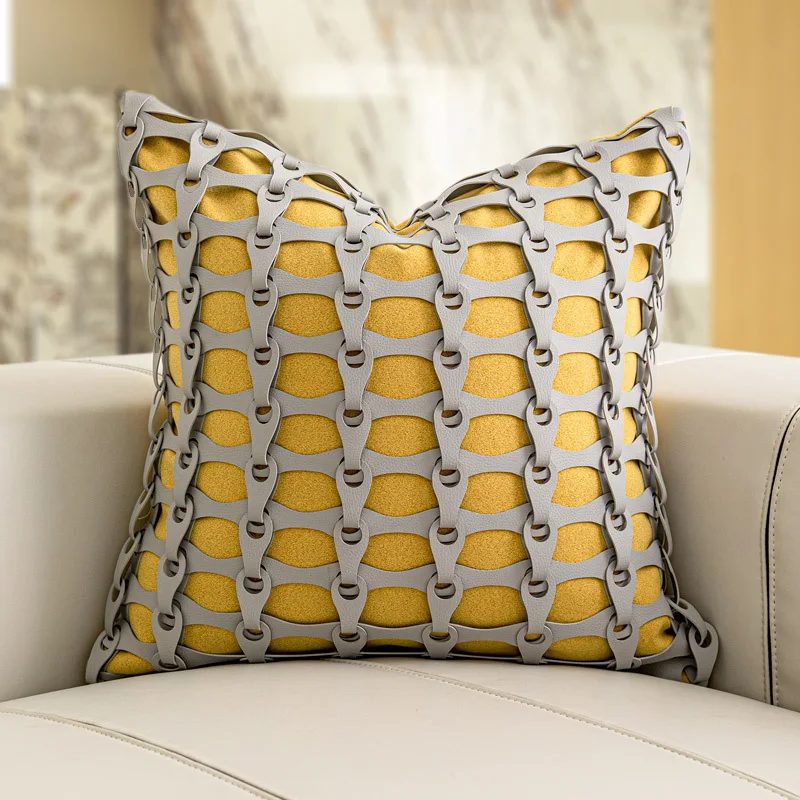 Luxury Cushion Cover 30x50 45x45cm Chain Like Suede Woven Yellow Square Pillow Case For Home Hotel Bed Sofa