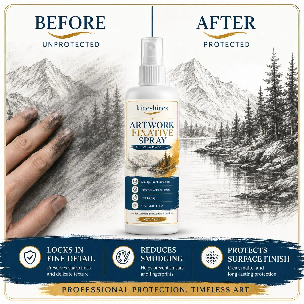 Artwork Fixative Spray 120ml – Artist-Grade Final Fixative for Charcoal,Pastel & Chalk,Smudge-Proof,Clear Matte Finish,Quick Dry