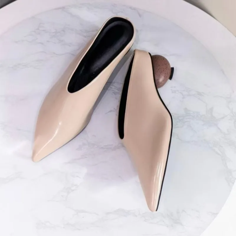 Women's Genuine Leather High Heels, Women's Elegant Mid Heel Toe Slippers, Pointed Shaped Heel Sandals