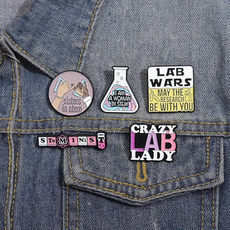 Cartoon Science Brooch Test Tube Women In Stem Periodic Table Microscope Molecular Equation DNA Chain Badge Metal Pins Jewelry
