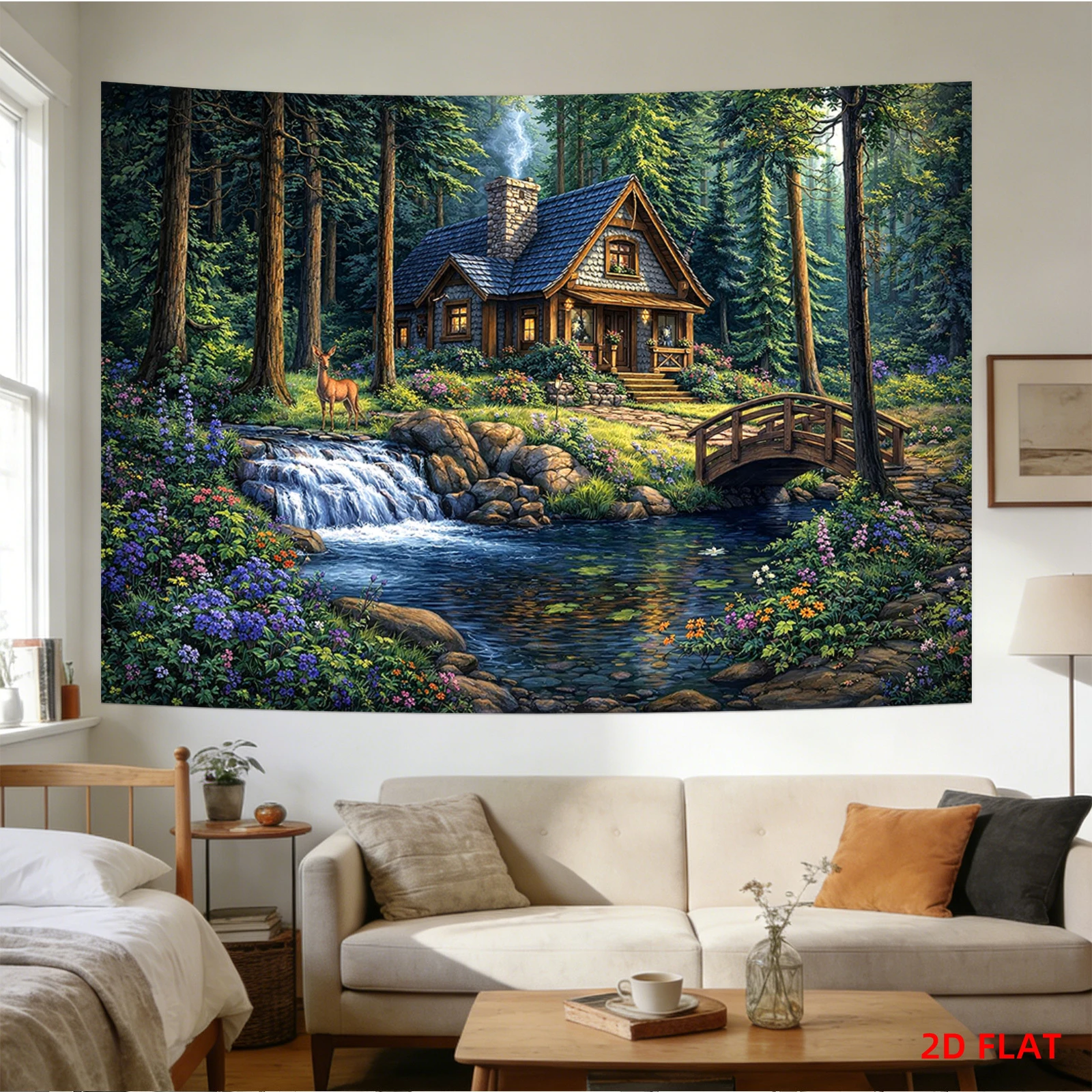 1pc 2D Flat Forest Cottage Waterfall Scenery Tapestry Wall Hanging for Home Living Room Bedroom Decor
