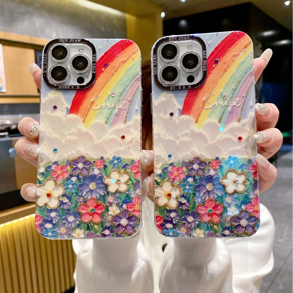 New Luxury Water Diamond Rainbow Suitable for iPhone 15 Phone Case 14plus with Lens Film 13promax 12 11 Fashion beautiful lady