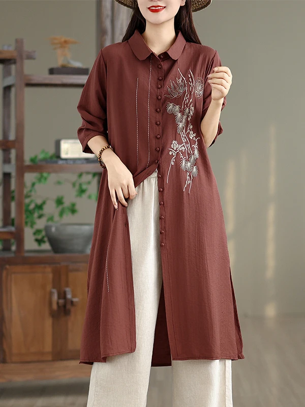 

Authentic 2025 Autumn New Long Embroidered Open Cardigan Loose Slimming Versatile Women's irt Casual Sle Polyester Fiber