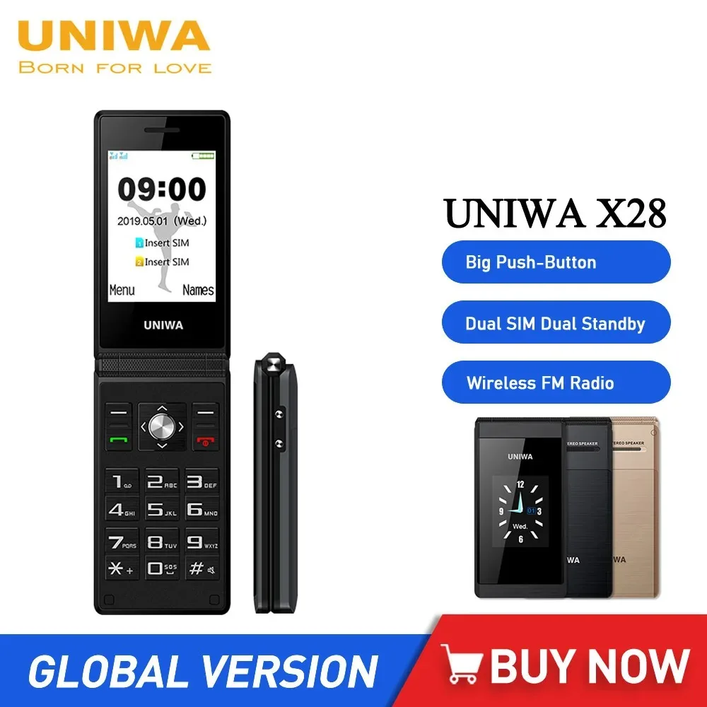 UNIWA X28 Flip Cellphone 2.8Inch Display 2G Feature Mobile Phone Big Push-Button Phone for Elderly Unlocked Dual Screen 1200mAh