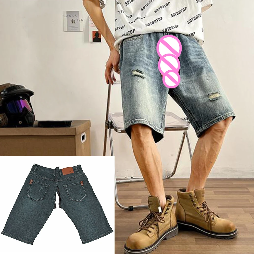 

Invisible Open Crotch Outdoor Sex Men's Ripped Jean Shorts Men Loose Casual Distressed Jeans Summer Streetwear Erotic Pants