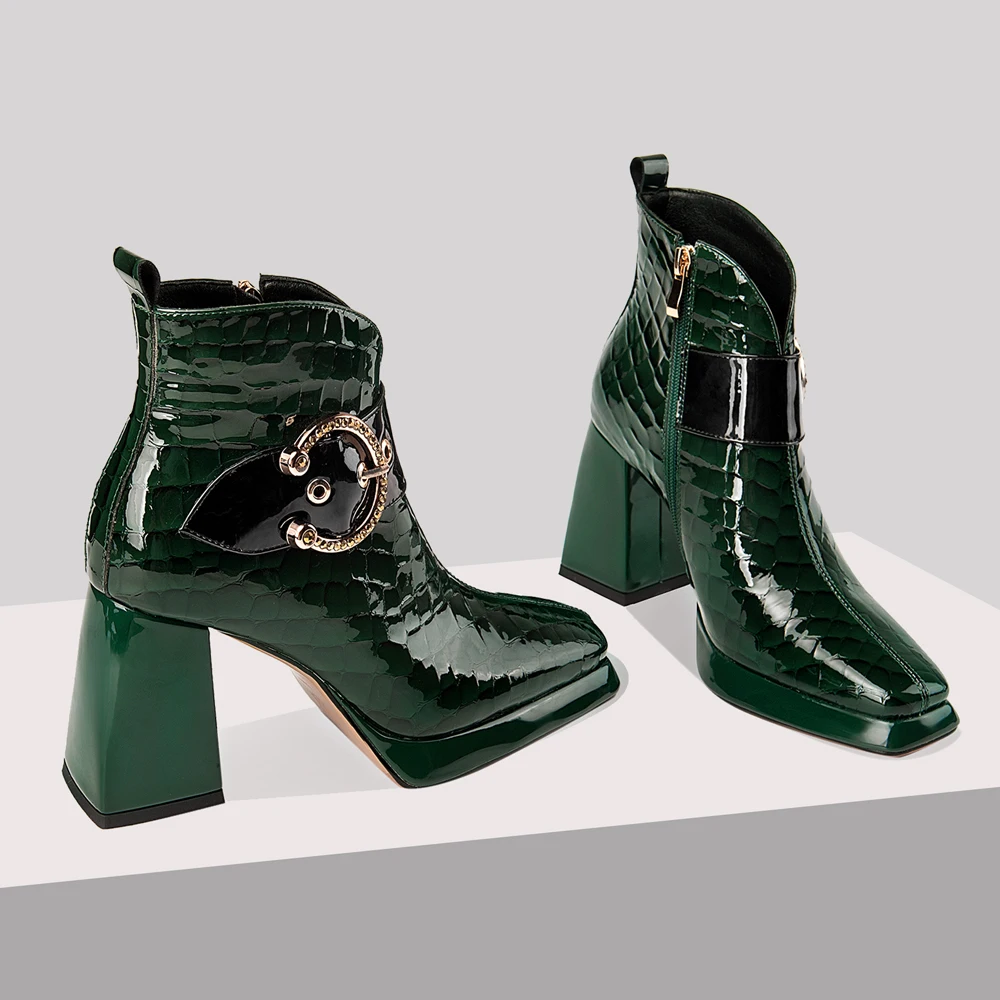 New  Women Spring Autumn Shoes Ladies Luxury Block Heels Winter Square Toes Designer Leather Ankle Boots High Heels Green