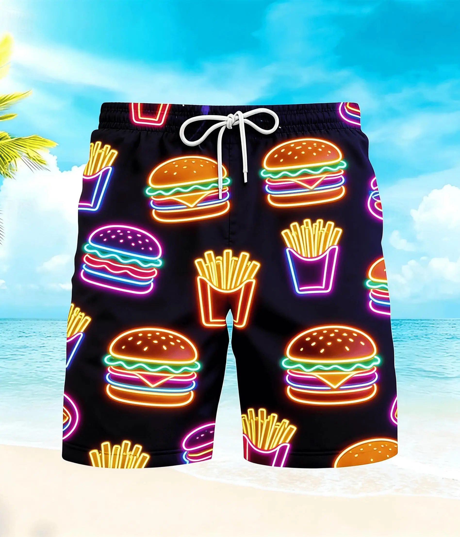 Men's Black Neon Print Drawstring Shorts, Spring Summer Cyberpunk Casual Shorts, Pocket Beach Shorts