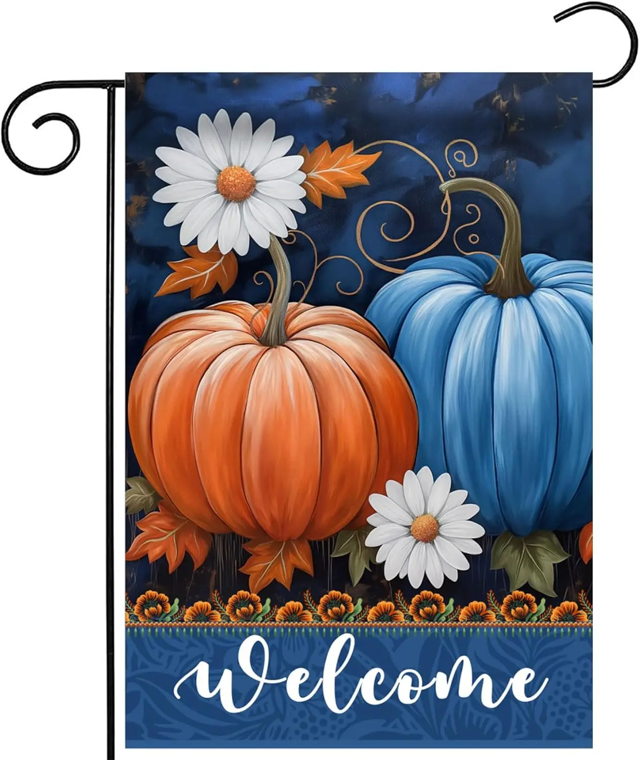 Morigins Welcome Fall Garden Flag Blue Pumpkins and Daisy Flower Autumn Farmhouse Seasonal Yard Outside Decorations 12.5×18 inch