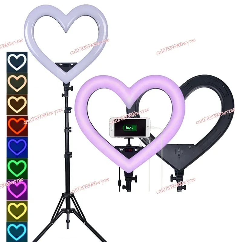 19 inch Live Broadcast Phone Heart Shap LED Ring Light RGB with Tripod Stand Makeup Beauty Lighting for Tik Tok Youtuber