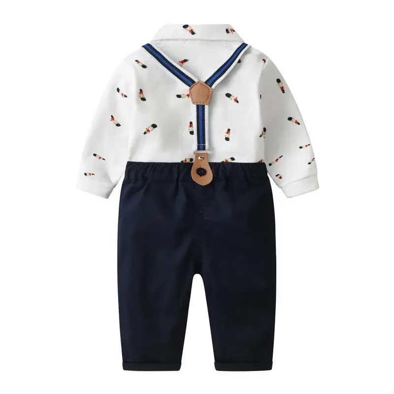 2024 Children Korean Fashion Cartoon Kids Boy First Birthday Cosumes Matching Bear Printed Shirt With Bowknot + Suspender Pants