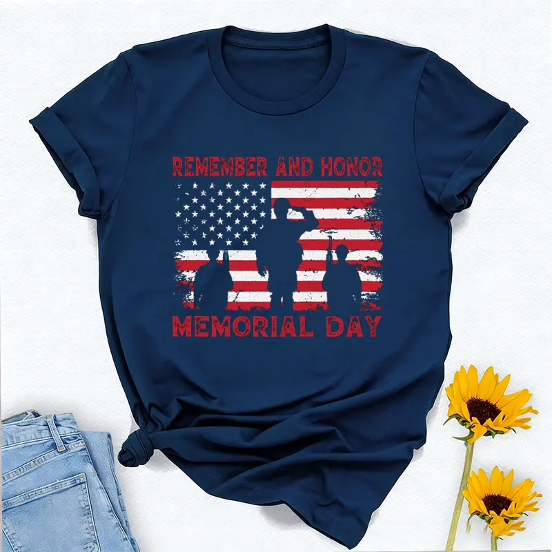Memorial Day Flag T-Shirt: Remember & Honor High Quality Cottont Crewneck Tops Tee Shirt Short Casual Style Graphic T Shirts