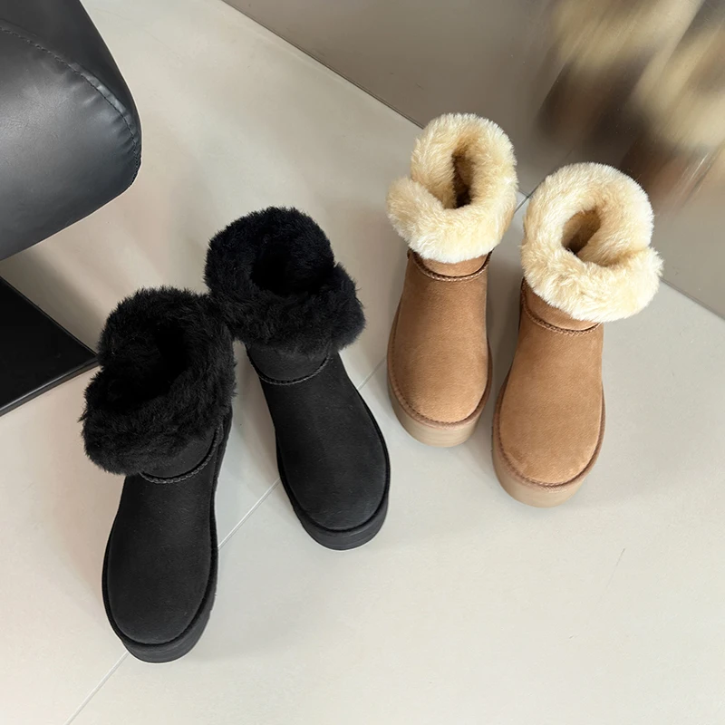 Sheepskin and fur lightweight casual rhinestone decorated pure wool solid color round toe snow boots