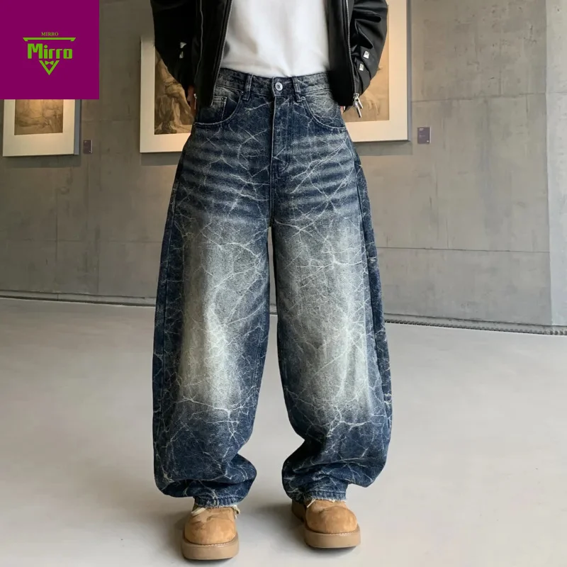 

Электрические синие потертые джинсы с граффити, осенне-зимние новые мужские модные свободные прямые брюки Scimitar