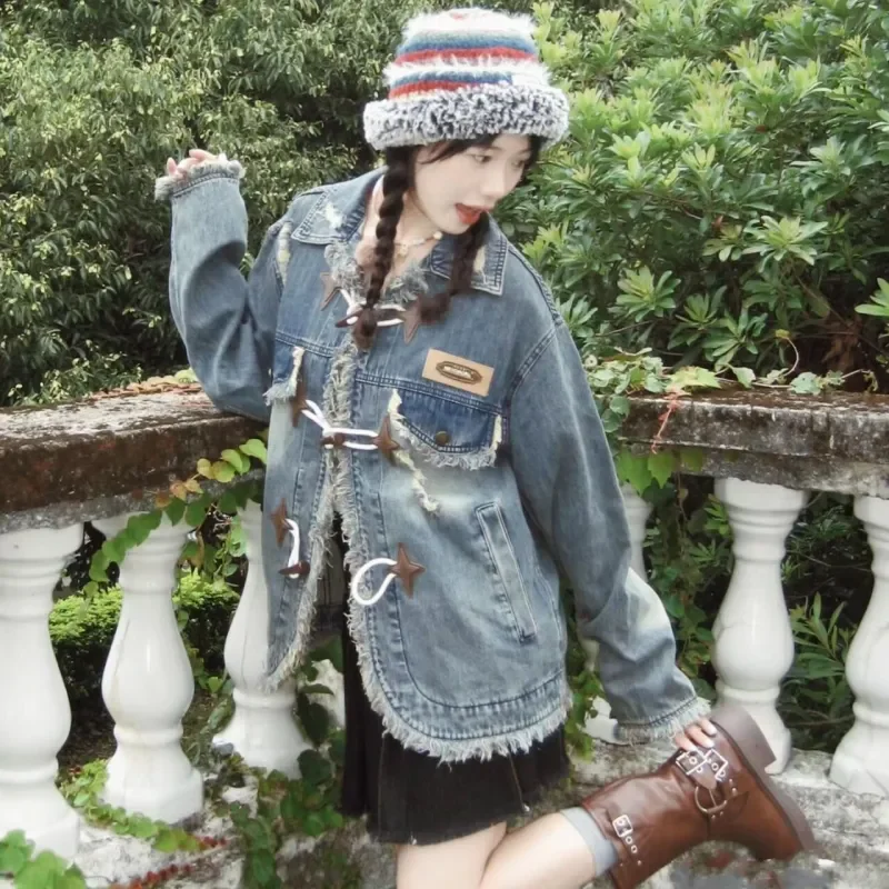 Women's Loose Fit Casual Denim Jacket Vintage Washed Rouge Cangle Buckle Detail Fried Street Style Autumn Top Outwear