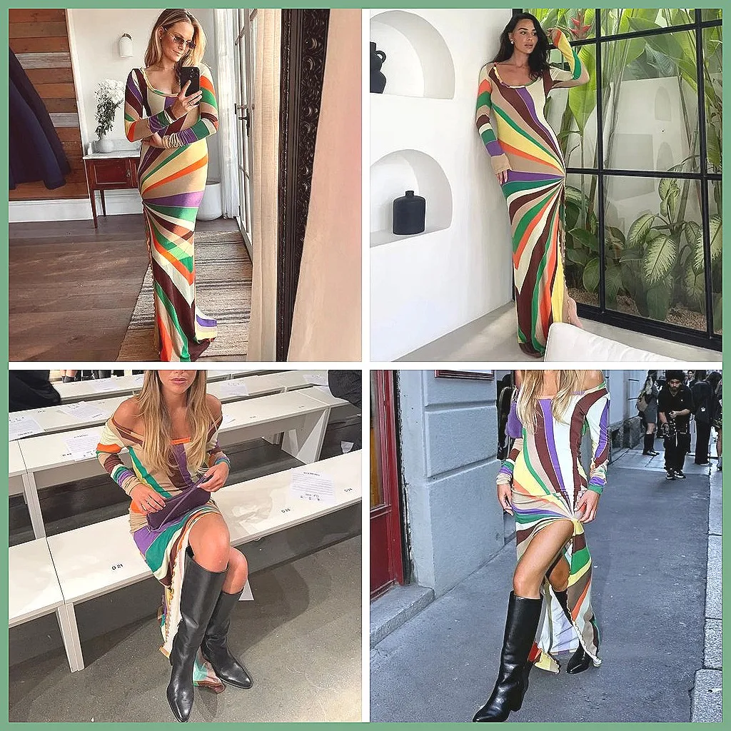 Rainbow Striped Off Shoulder Long Dress, Bohemian Slim Fit Beach Dress for Women 2026