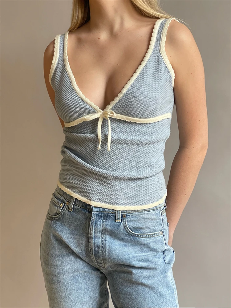 

Spring Female Tank Top NewContrast Lace-Up Backless Tank Top For Women Summer Fashion V-Neck Cropped Y2k Top Vest