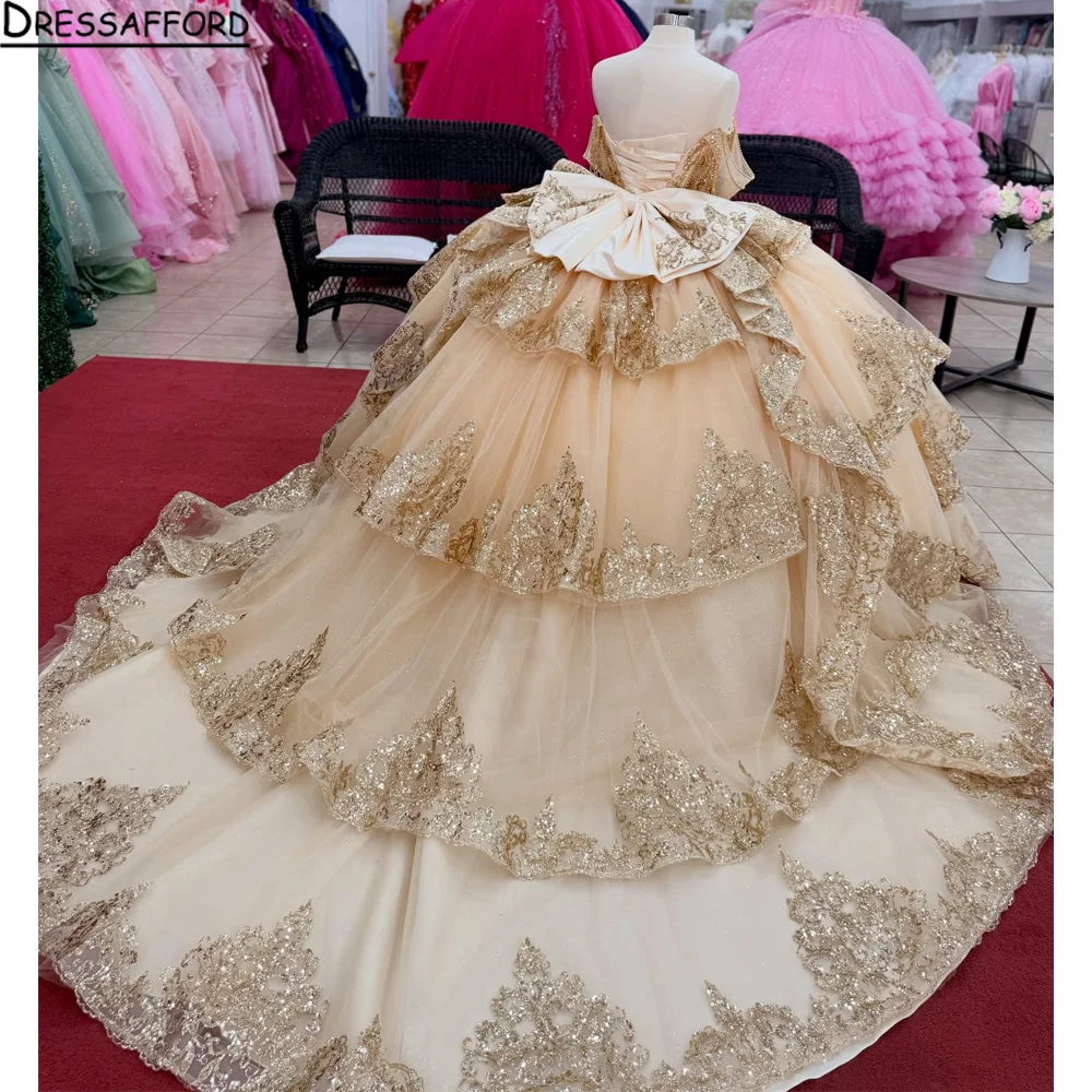 

Champagne Quinceanera Dress 3D Floral Applique Beading Sequin Tulle Lace up vestidos de 15 quinceañera Customized