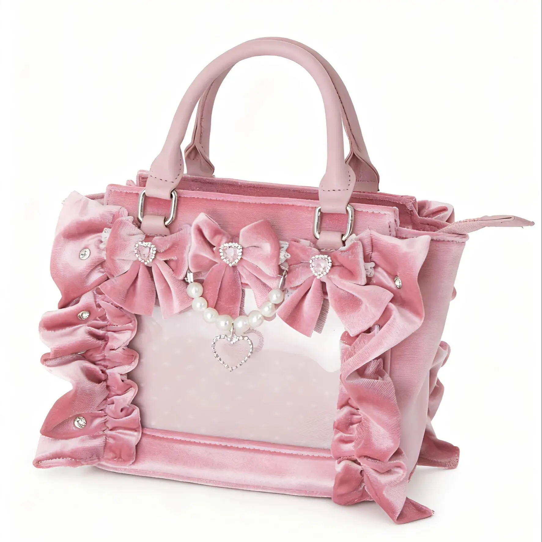 Kawaii Gothic Women Velvet Ita Tote Bag Ruffle Edge Lace Big Bow With Pearl Heart Chain Clear Window Doll Display Handbag