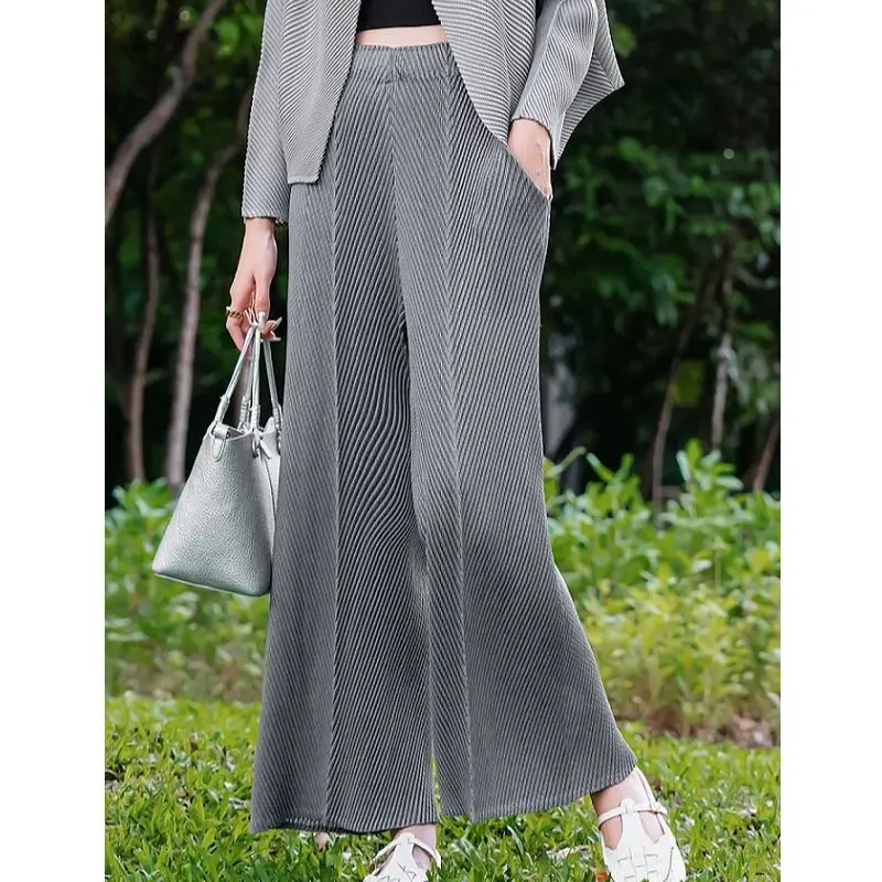 Women's Straight Trousers 2023 Autumn New Fashion Simple Solid Colour High Waist Loose Stretch Miyake Pleated Pants Female