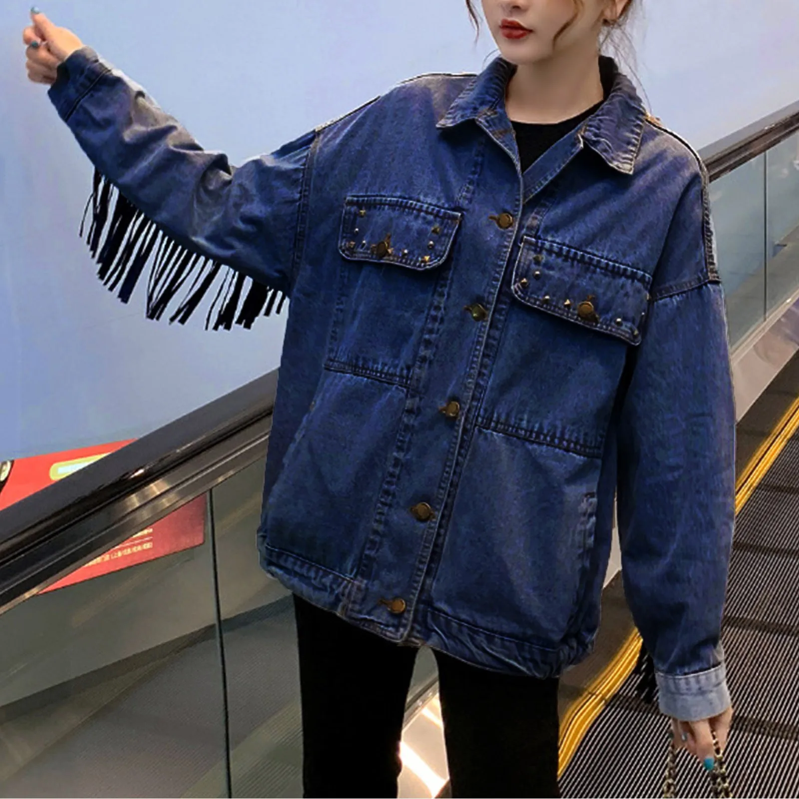 Ladies Jean Jacket Floral Embroidery Fringe Loose Coat Lapel Button Pocket Long Womens Olive Jean Jacket Clothes Women Trendy