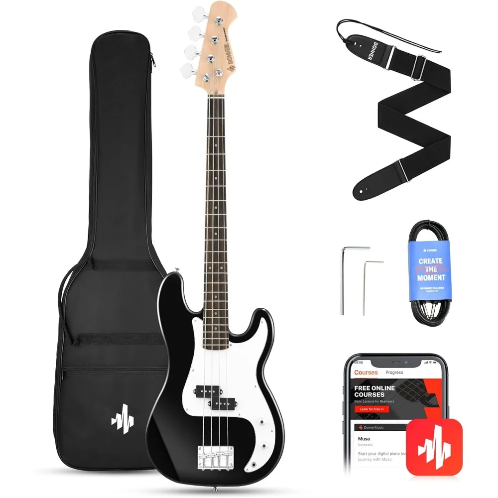 Electric bass guitar with 4 strings, Black beginner with free online lessons, Gig package guitar strap and guitar cable