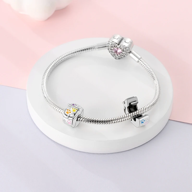 925 Sterling Silver Dog Collar Colored Paw Print Fixed Clip Charms  Beads Fit 3mm Original Bracelet DIY Women Birthday Jewelry