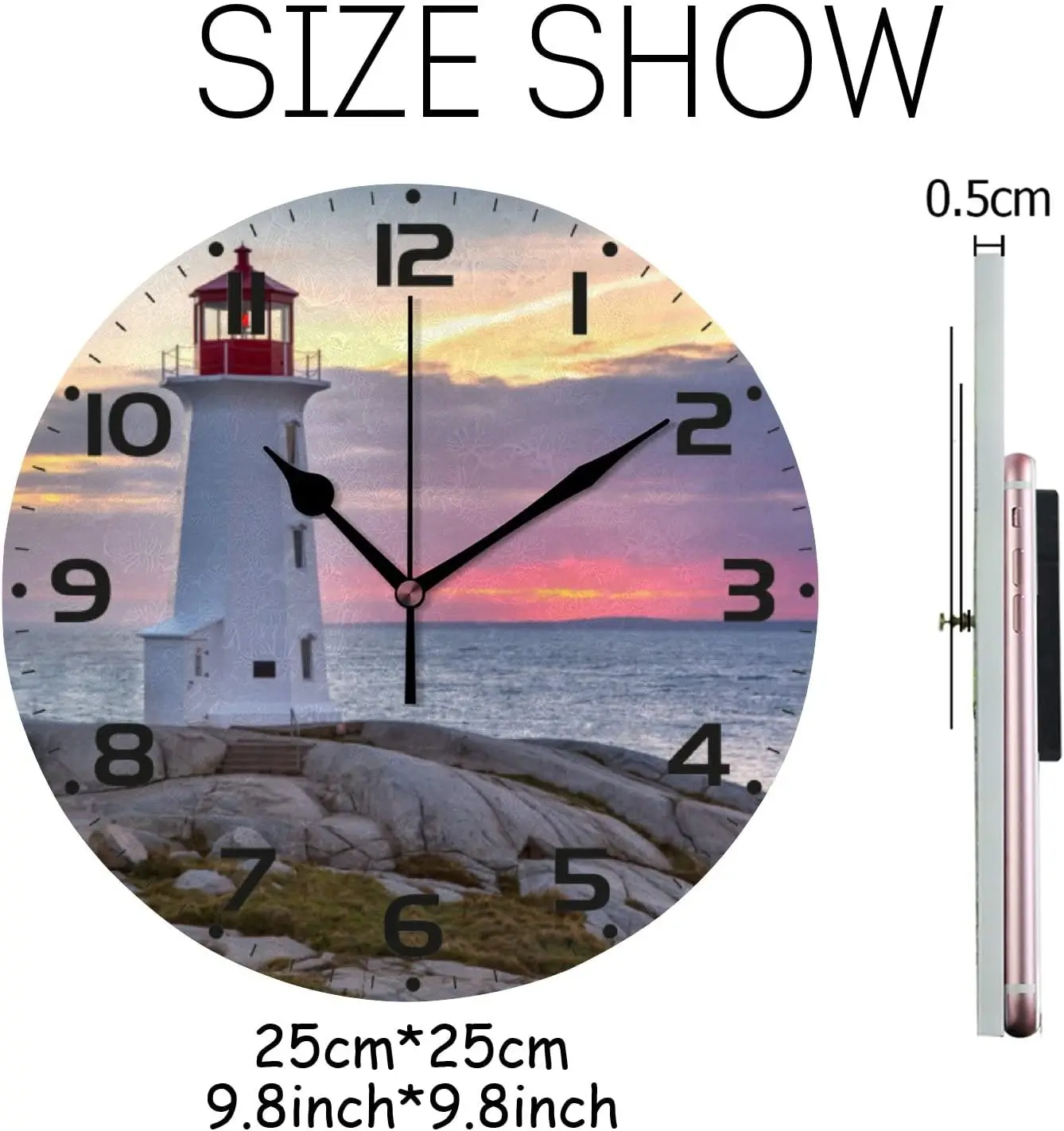 Sunset Behind The Lighthouse 10 Inch Silent Quartz Decorative Wall Clock Non-Ticking Digital Clock Battery Operated Round Easy t