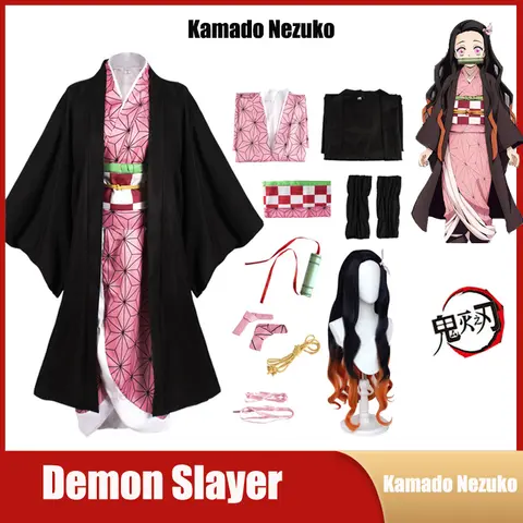 Disfraz de Anime Demon Slayers, Kimetsu No Yaiba Kamado Nezuko, uniforme, ropa, fiesta de carnaval, Comic-Con, traje de peluca para niños y adultos