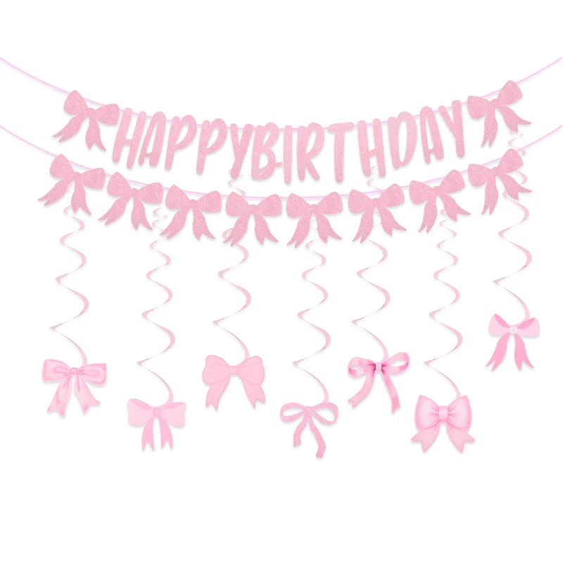 

Happy Birthday Girl Sweet Pink Bow Theme Banner Swirl Hanging Garland,Baby Shower Party Decoration Supplies Bowknot Flag Hanging