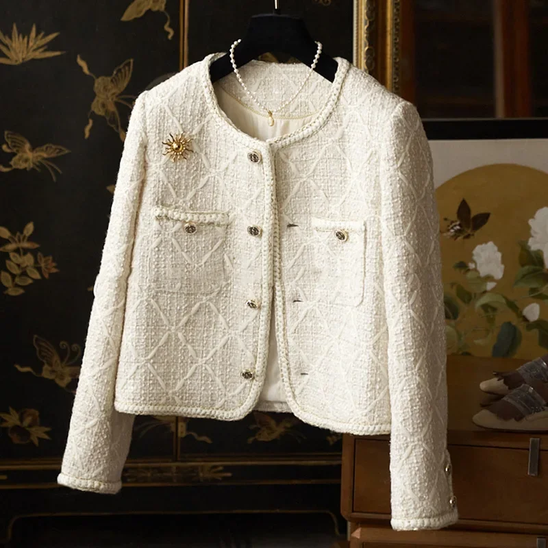 Famous Actress Feel, Beautiful Effect Luxury Diamond Lattice Weaving Shining Tweed Short Jackets for Women Coats, with 15% Wool