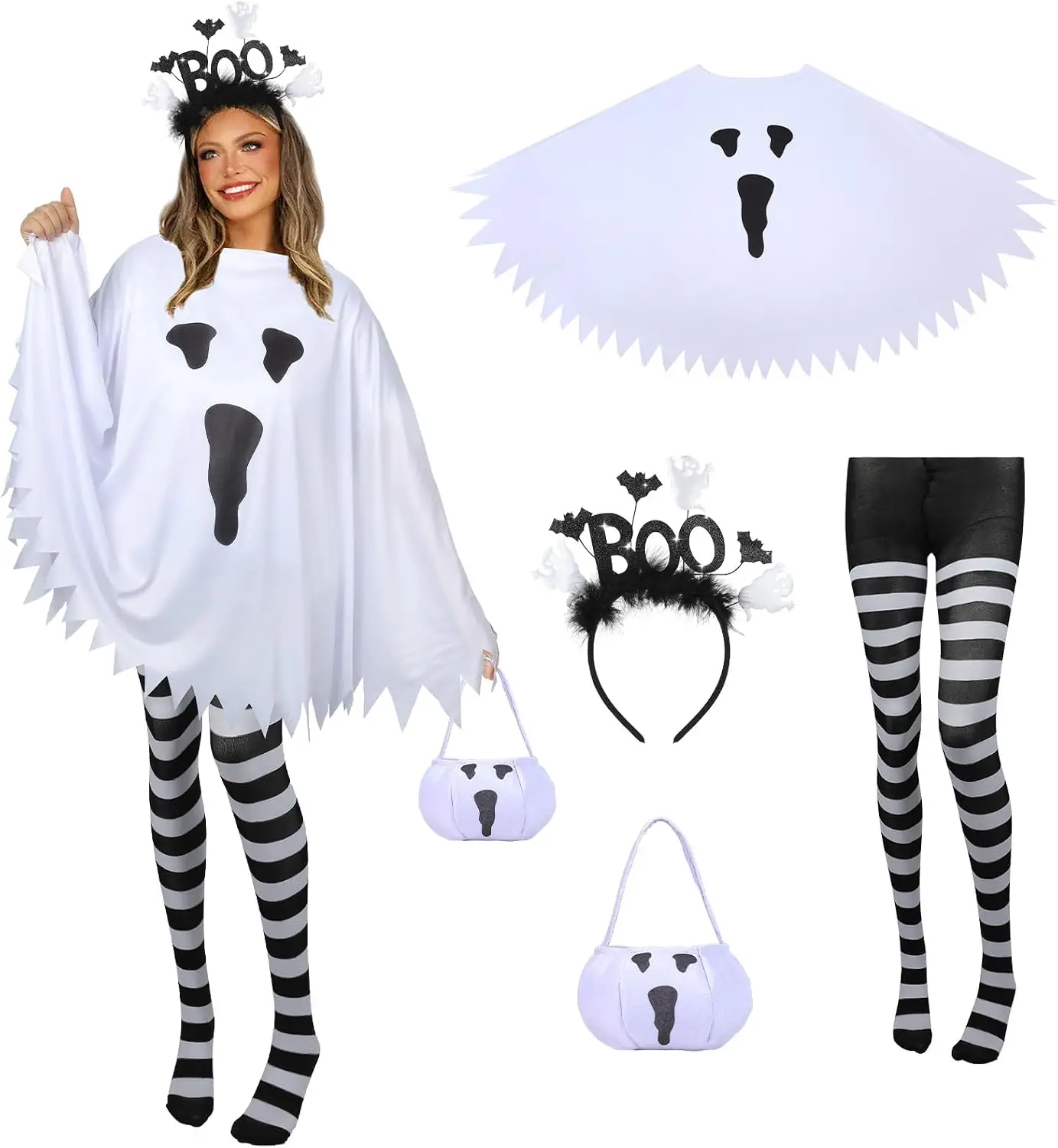 Halloween Costume Set for Women Adult Ghost Costume, Ghost Poncho, Candy bag Headband and Nylon Striped Tights