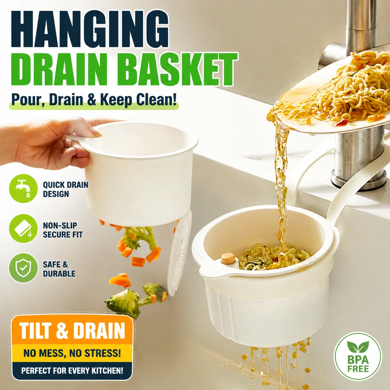 Hanging Sink Basket Button Drain Storage Split Filter Basket 1 Second Install for Kitchen Bathroom Space Saving Durable Plastic