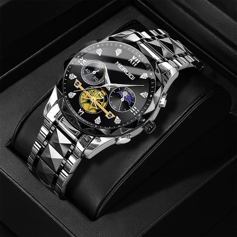 Eine Herrenuhr mit römischen Ziffern, coole, schwarze, wunderschöne, lässige Business-Quarzuhr.