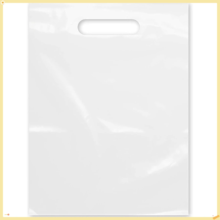 Sacchetto di plastica artigianale con manico fustellato 9" x 12" Sacchetti di merce bianchi Confezione da 100 per vendita al dettaglio, regali e spettacoli
