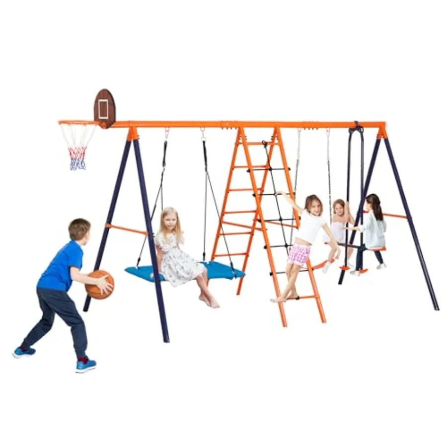 

Outdoor Swing Set for Metal Playset with Adjustable Swings Climbing Ladder and Nets Swing Glider Basketball Hoop for Backyard P
